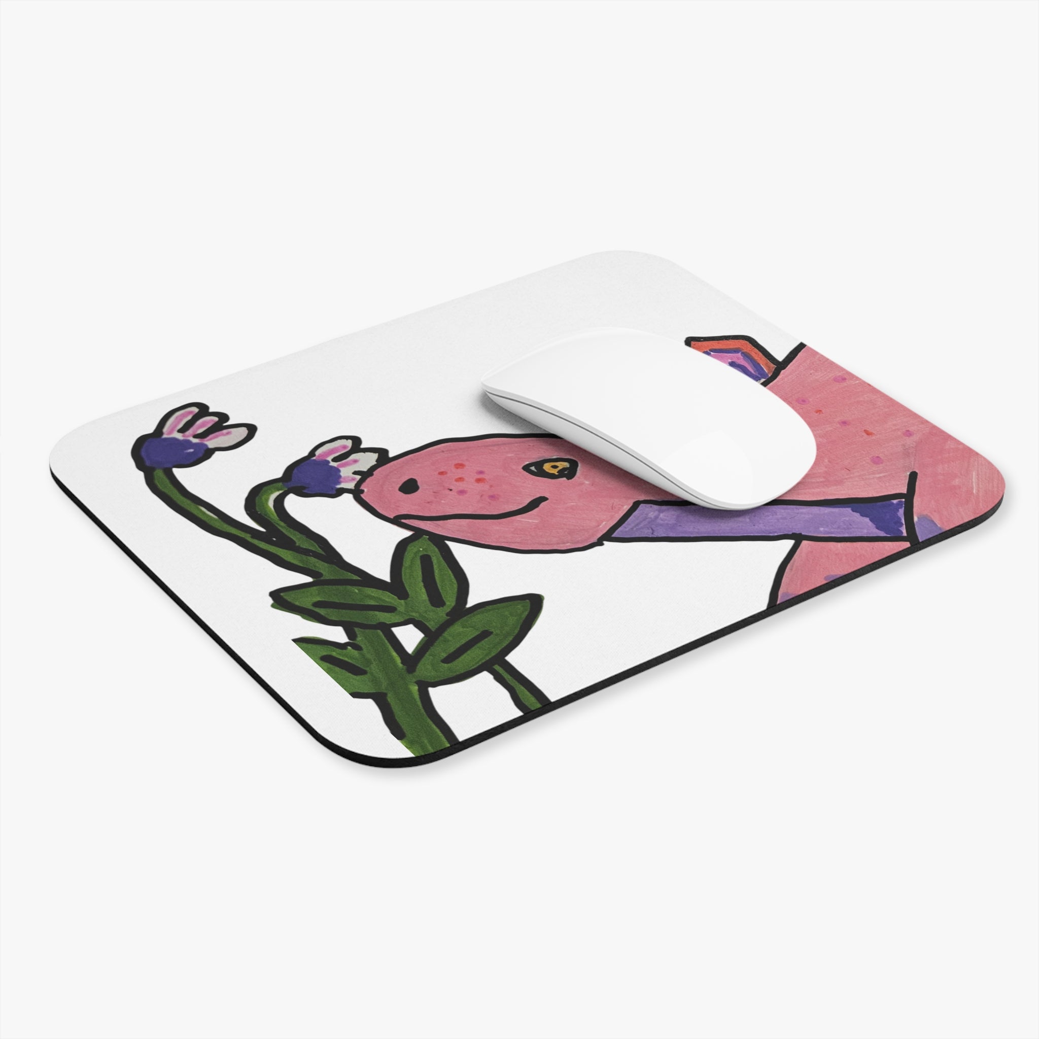 Pink Stegosaurus Floral Mouse Pad — Cute Pink Dino & Wildflowers Desk Mat