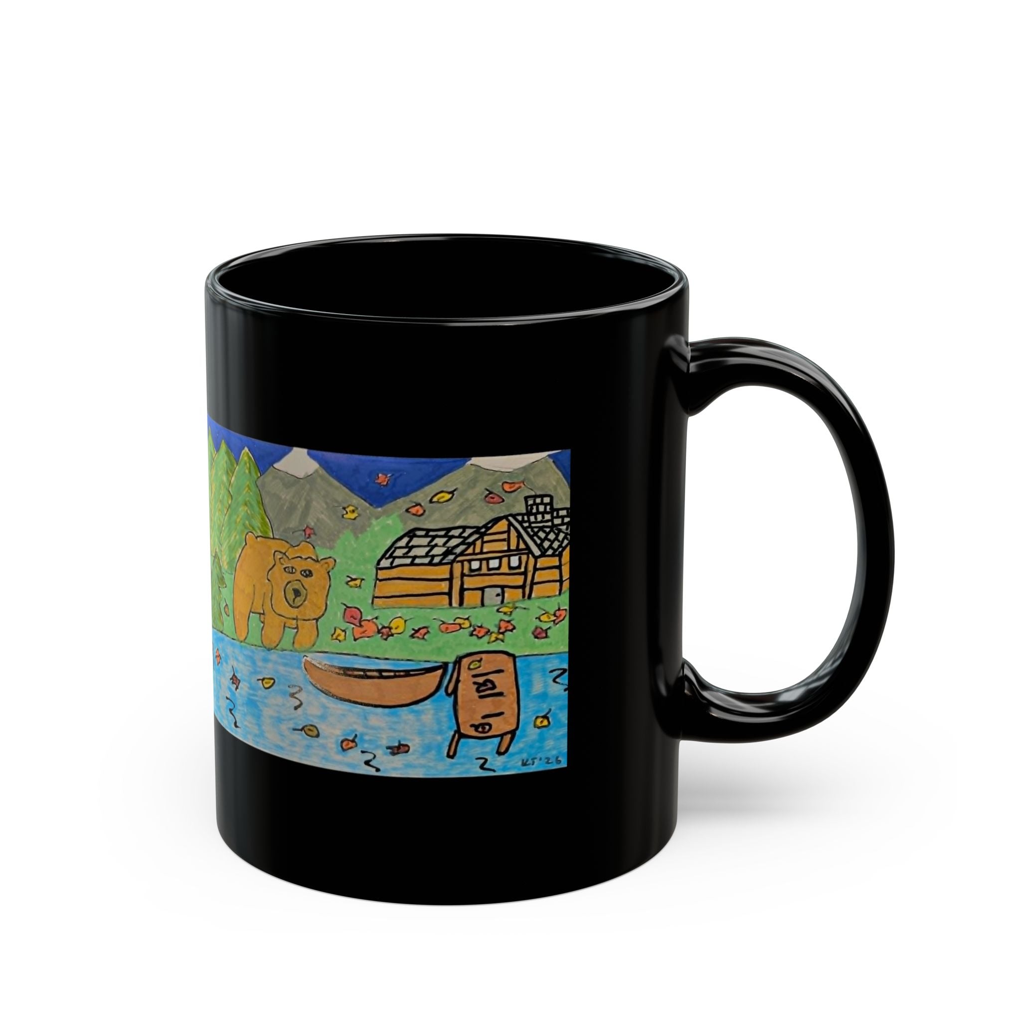 Bugsy Fall Cabin Mug — Rustic Forest Camping Coffee Cup (11oz/15oz)