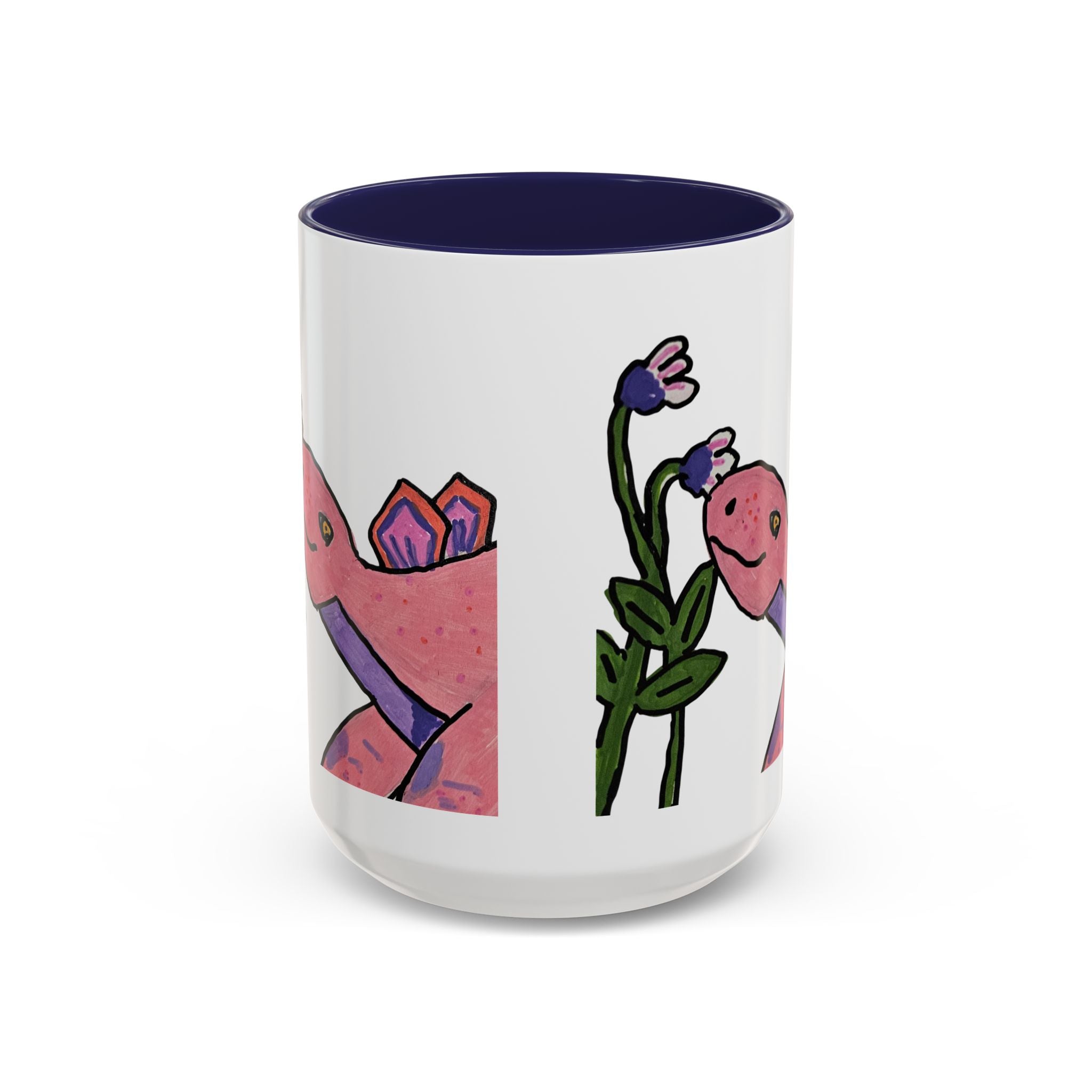 Pinky the Pink Stegosaurus Floral Coffee Mug — Cute Pink Dino with Flowers Accent Ceramic Mug (11/15 oz)