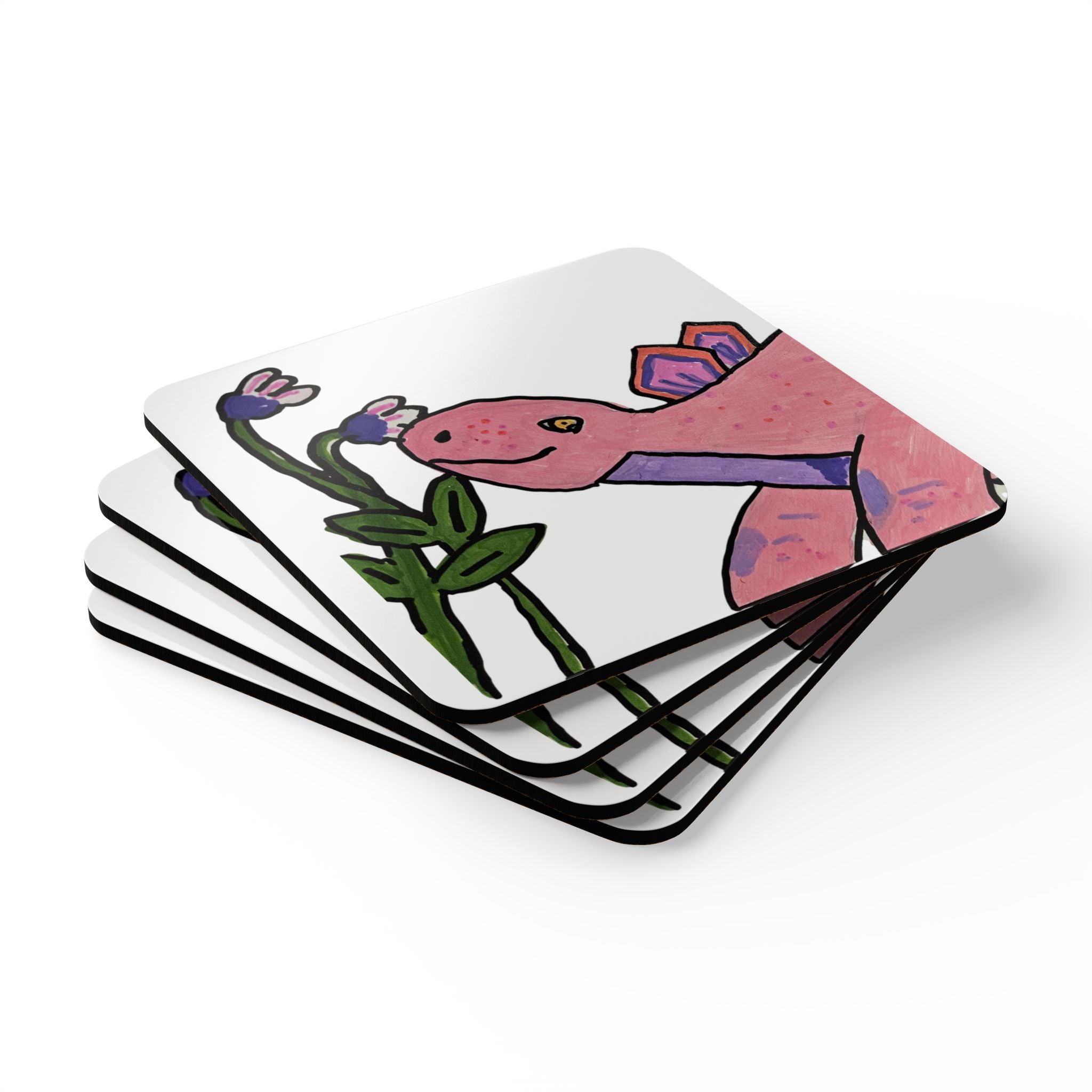 Pink Stegosaurus Cork Coaster Set — Cute Dinosaur Drink Coasters (Set of 4)