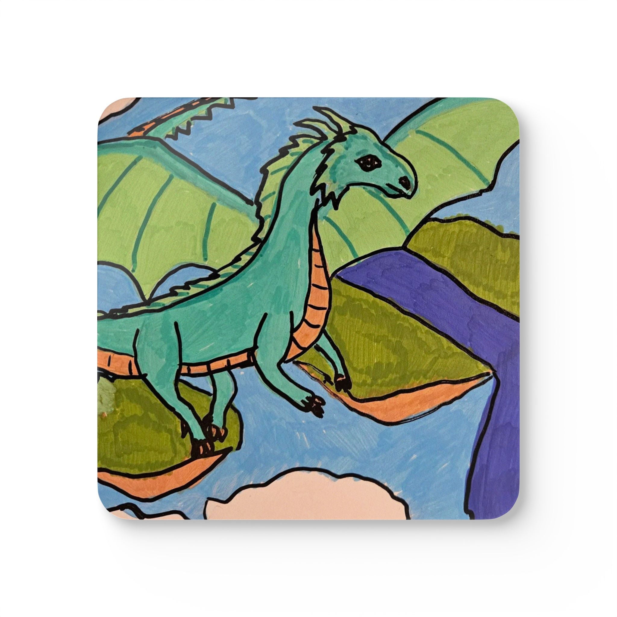 Dragon Landscape Corkwood Coaster Set — Fantasy Dragon Drink Coasters (Set of 4)