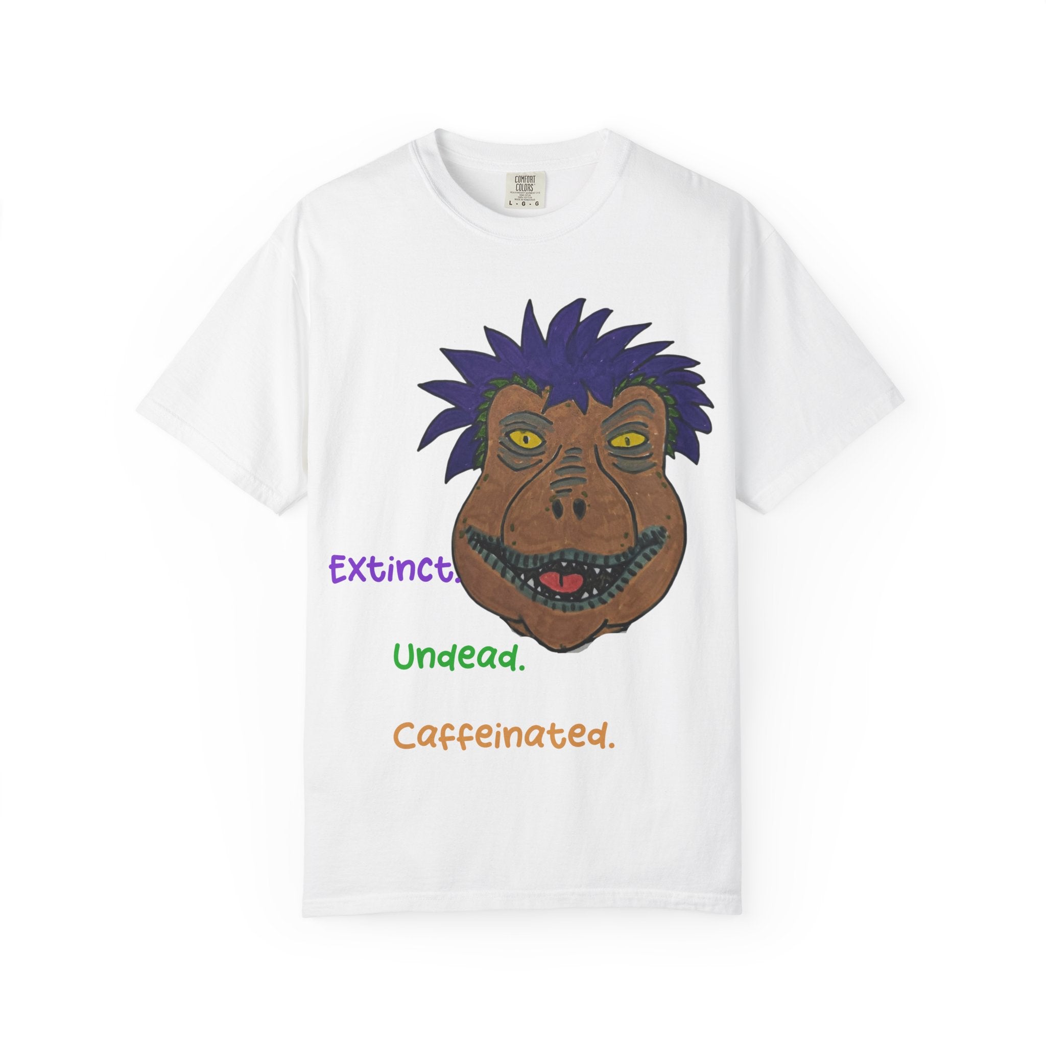 Rexalty Extinct undead caffeinated Graphic T-Shirt — Quirky Hand-Drawn Dinosaur Portrait