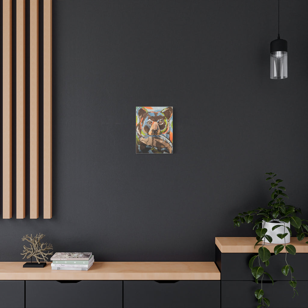 Bear with Fish Matte Canvas Art – Colorful Wildlife Painting, Stretched Wall Decor