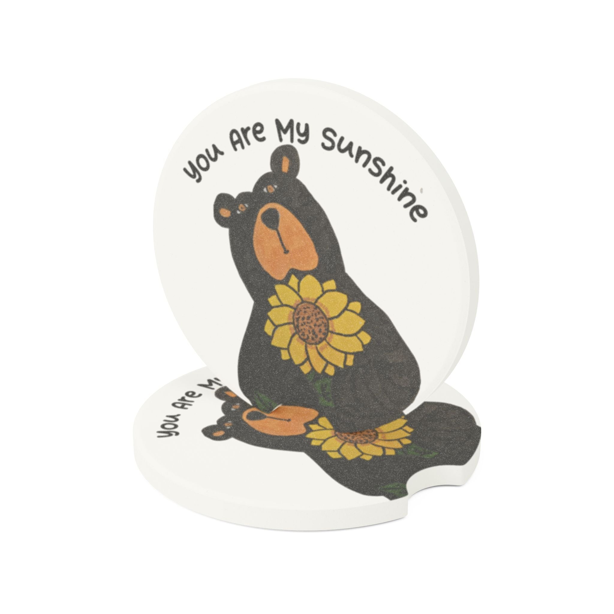 You Are My Sunshine Bear Soapstone Car Coaster — Cute Sunflower Car Cup Holder Insert