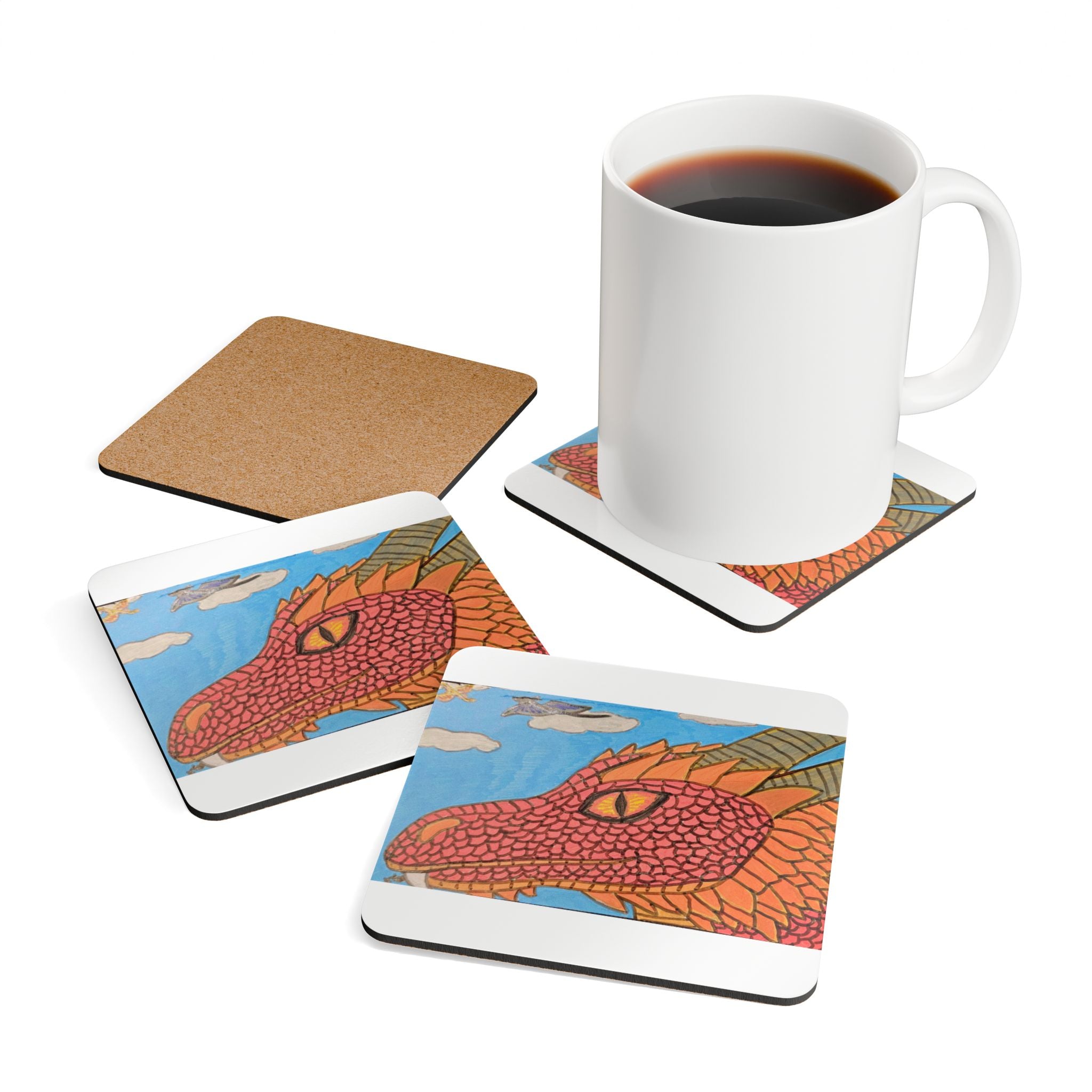 Dragon Sky Cork Coaster Set — Colorful Red Dragon Illustration Drink Coasters