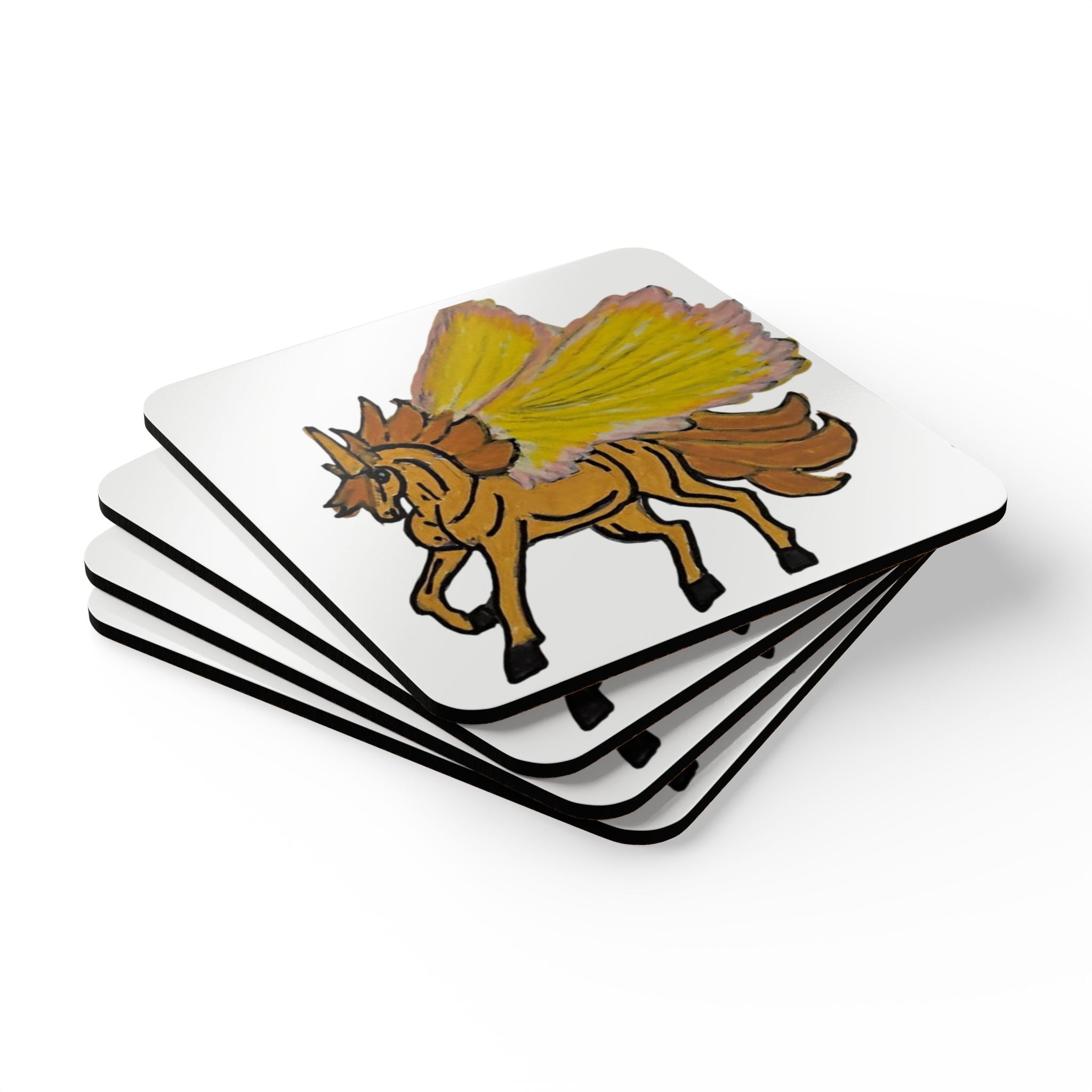 Pegasus Winged Horse Cork Coaster Set — Hand-Drawn Golden Mythical Animal Drink Coasters (4-Pack)