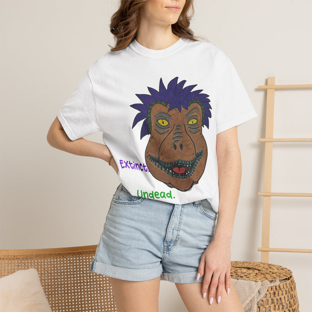 Rexalty Extinct undead caffeinated Graphic T-Shirt — Quirky Hand-Drawn Dinosaur Portrait