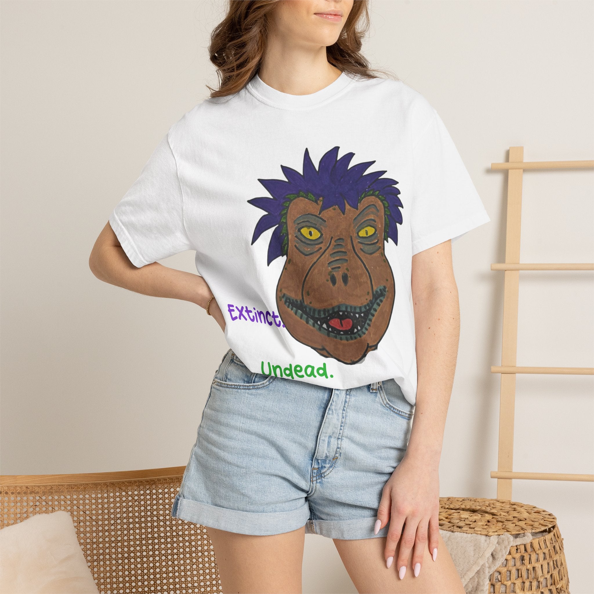 Rexalty Extinct undead caffeinated Graphic T-Shirt — Quirky Hand-Drawn Dinosaur Portrait