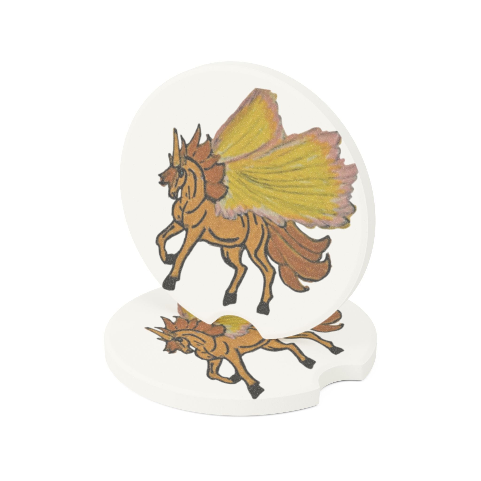 Pegasus Soapstone Car Coaster — Hand-Drawn Golden Winged Horse Car Cup Holder Protectors