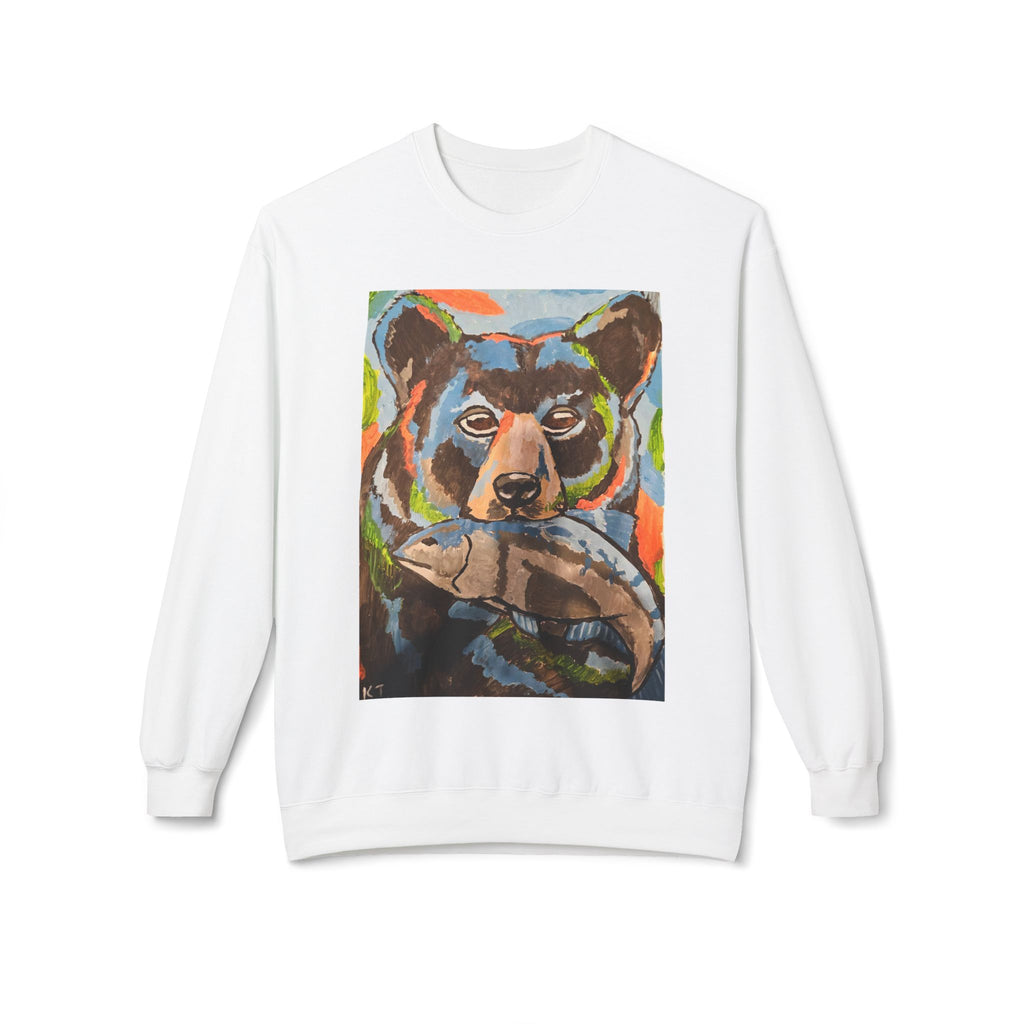 Whimsy Grr | Rusty the Bear Crewneck Sweatshirt — Bear with a Fish Wildlife Art Pullover