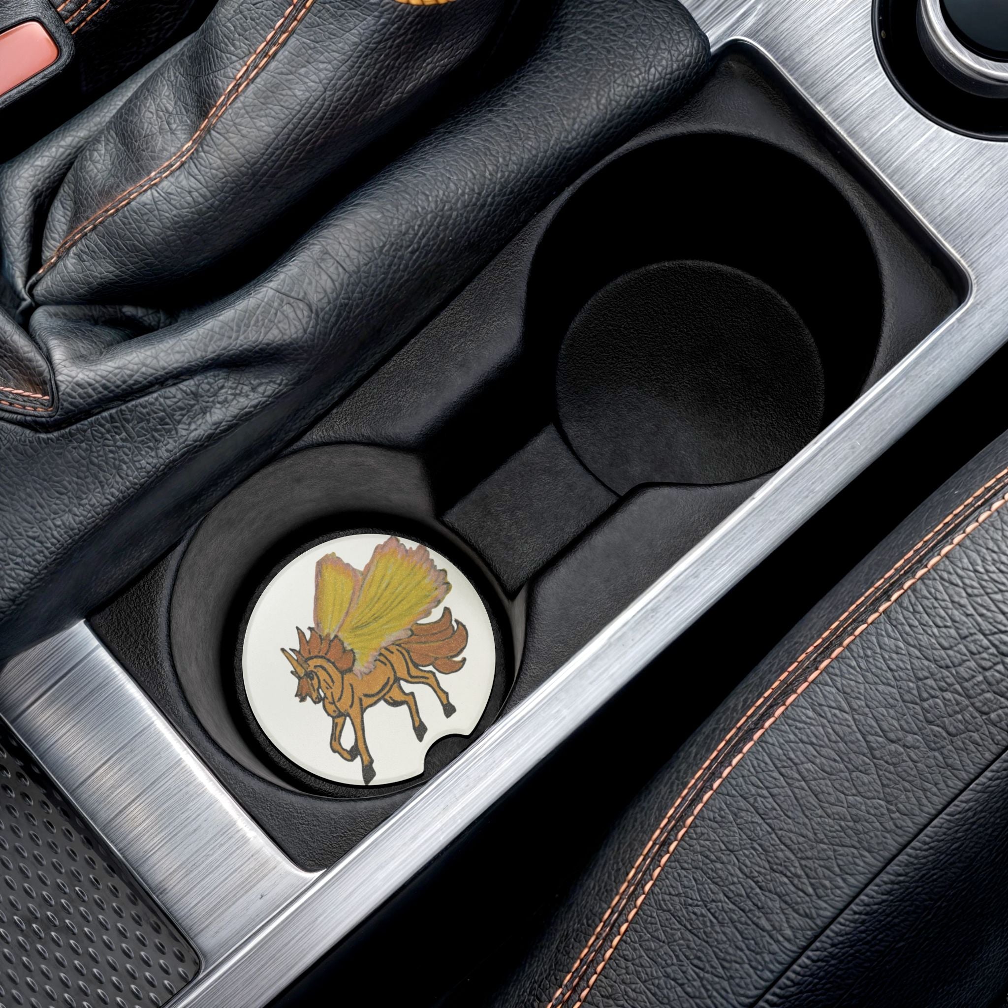 Pegasus Soapstone Car Coaster — Hand-Drawn Golden Winged Horse Car Cup Holder Protectors