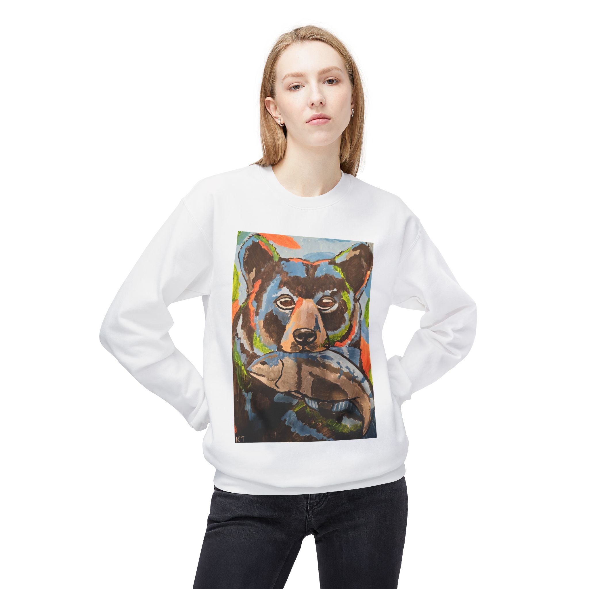 Whimsy Grr | Rusty the Bear Crewneck Sweatshirt — Bear with a Fish Wildlife Art Pullover