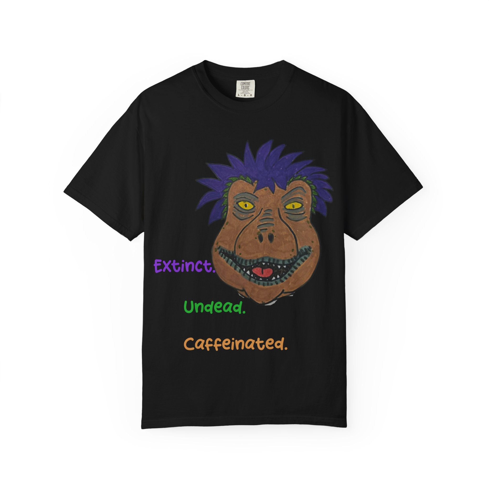 Rexalty Extinct undead caffeinated Graphic T-Shirt — Quirky Hand-Drawn Dinosaur Portrait