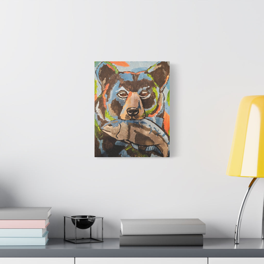Bear with Fish Matte Canvas Art – Colorful Wildlife Painting, Stretched Wall Decor
