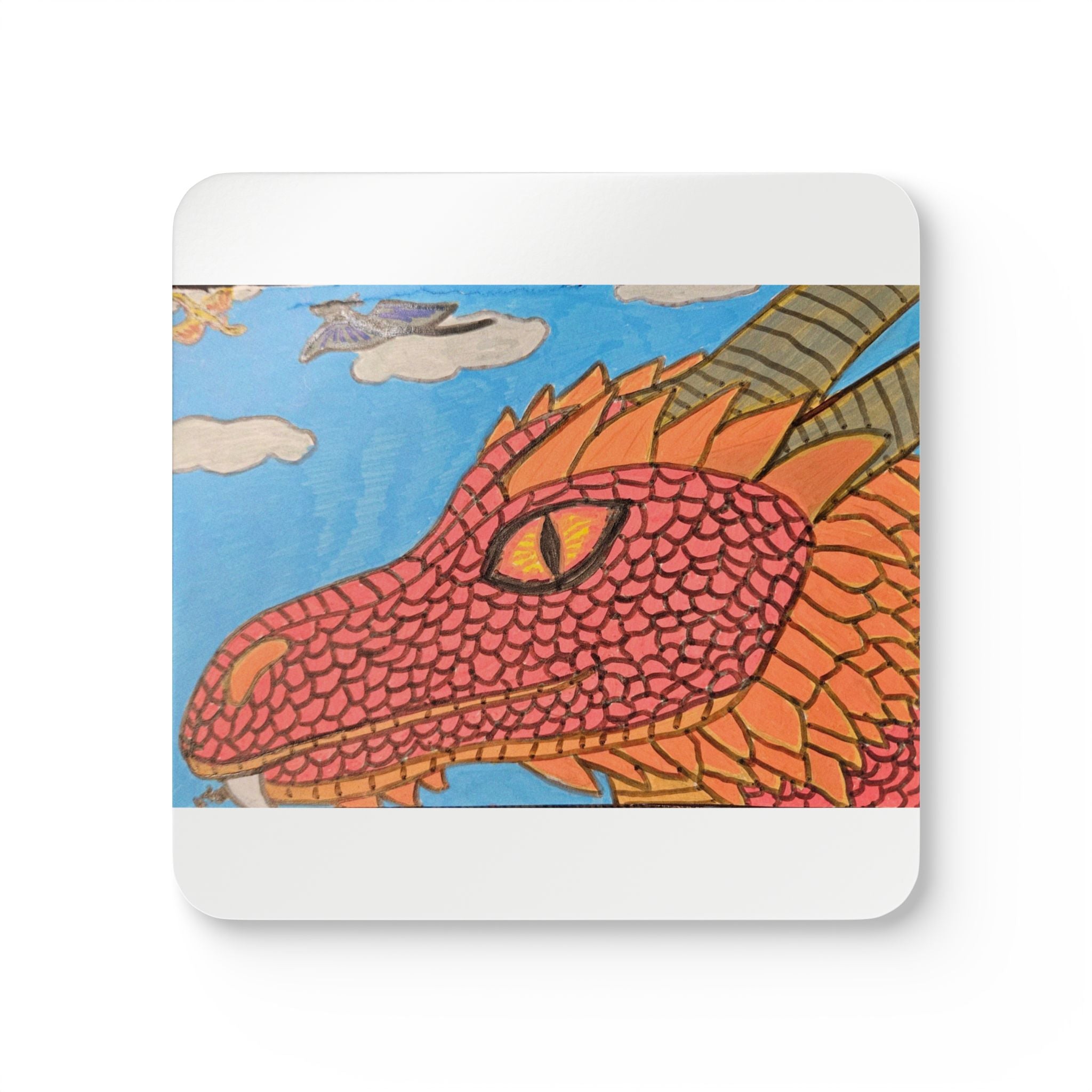 Dragon Sky Cork Coaster Set — Colorful Red Dragon Illustration Drink Coasters