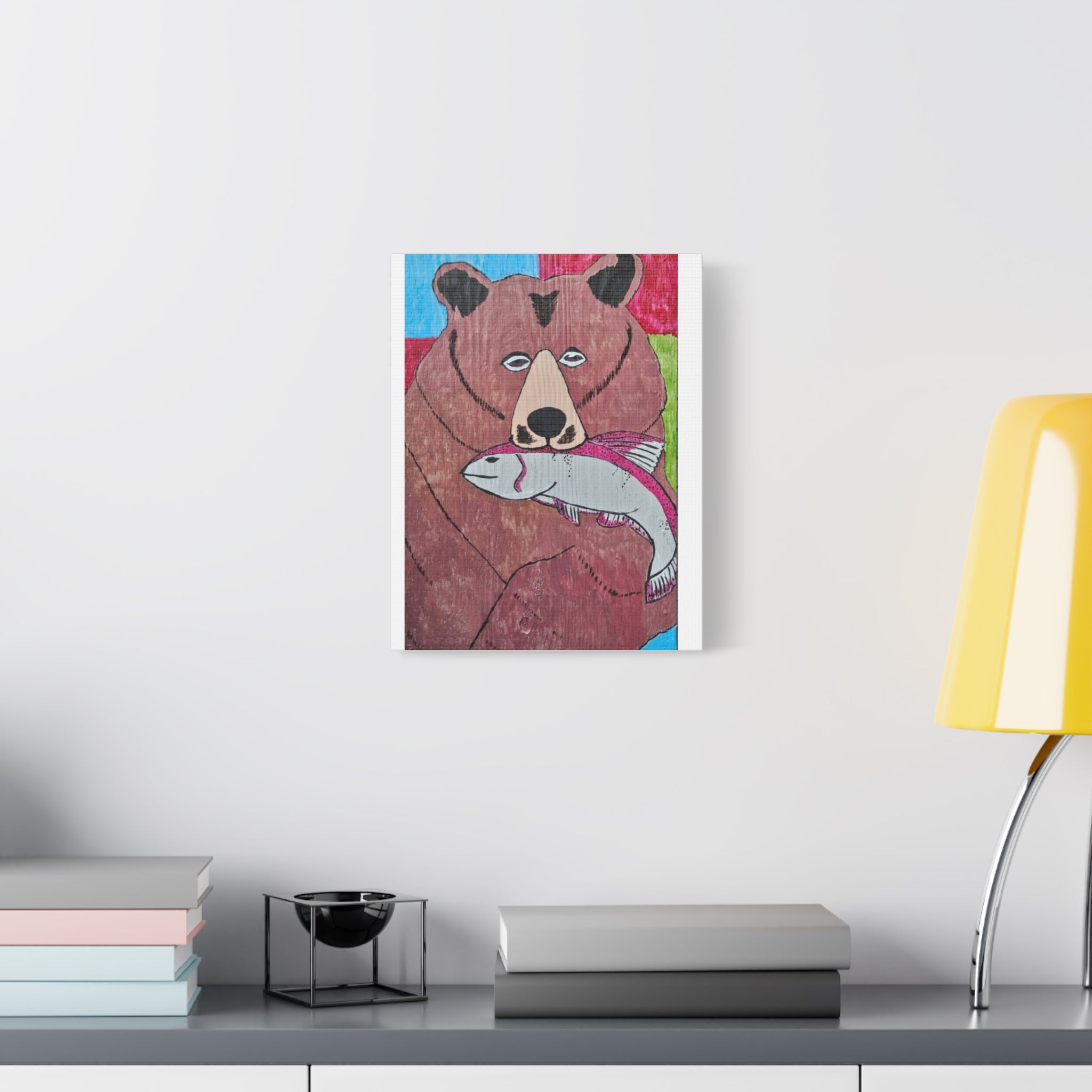 Grizz With Fish Matte Canvas Art — Wildlife Bear Painting, Stretched Wall Decor