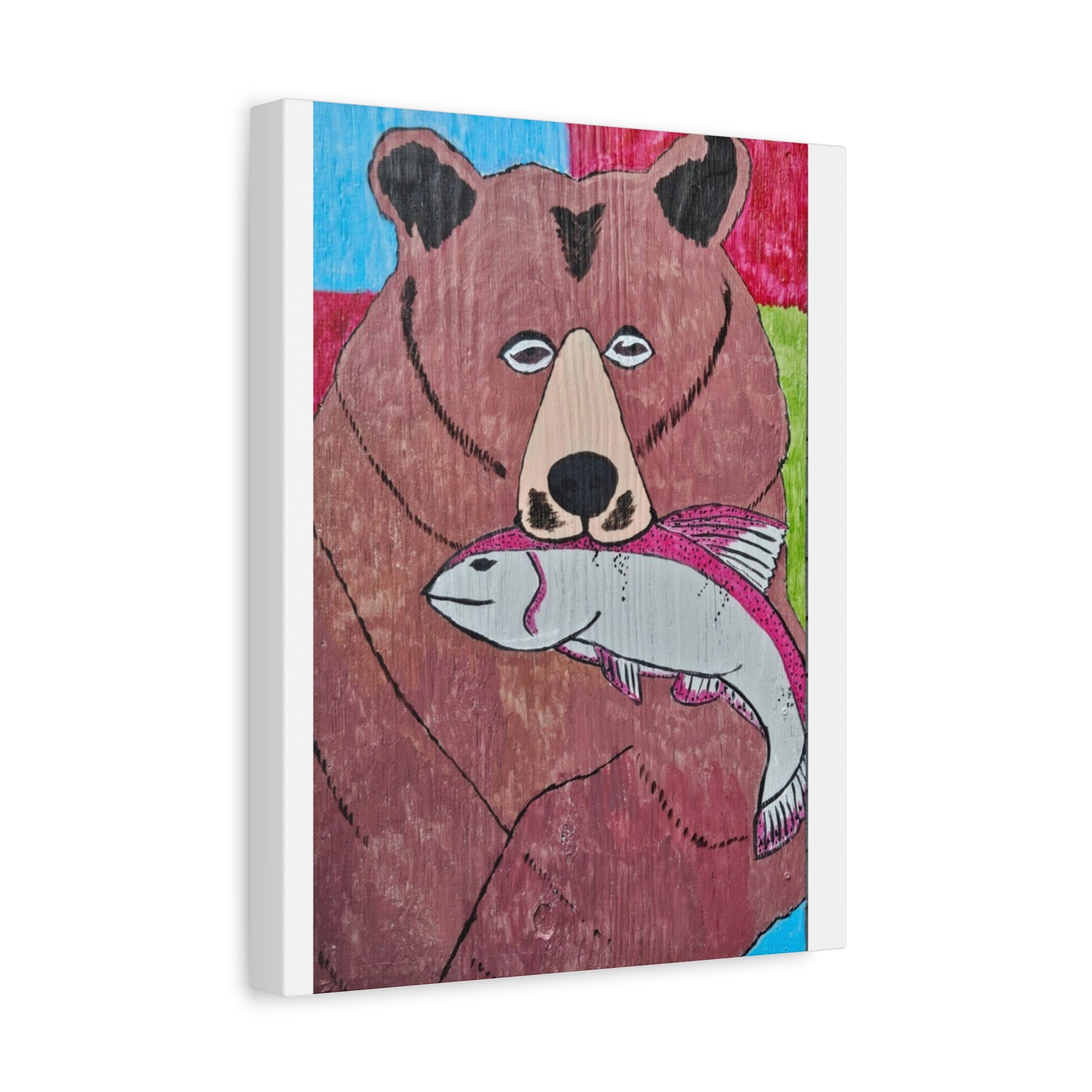 Grizz With Fish Matte Canvas Art — Wildlife Bear Painting, Stretched Wall Decor