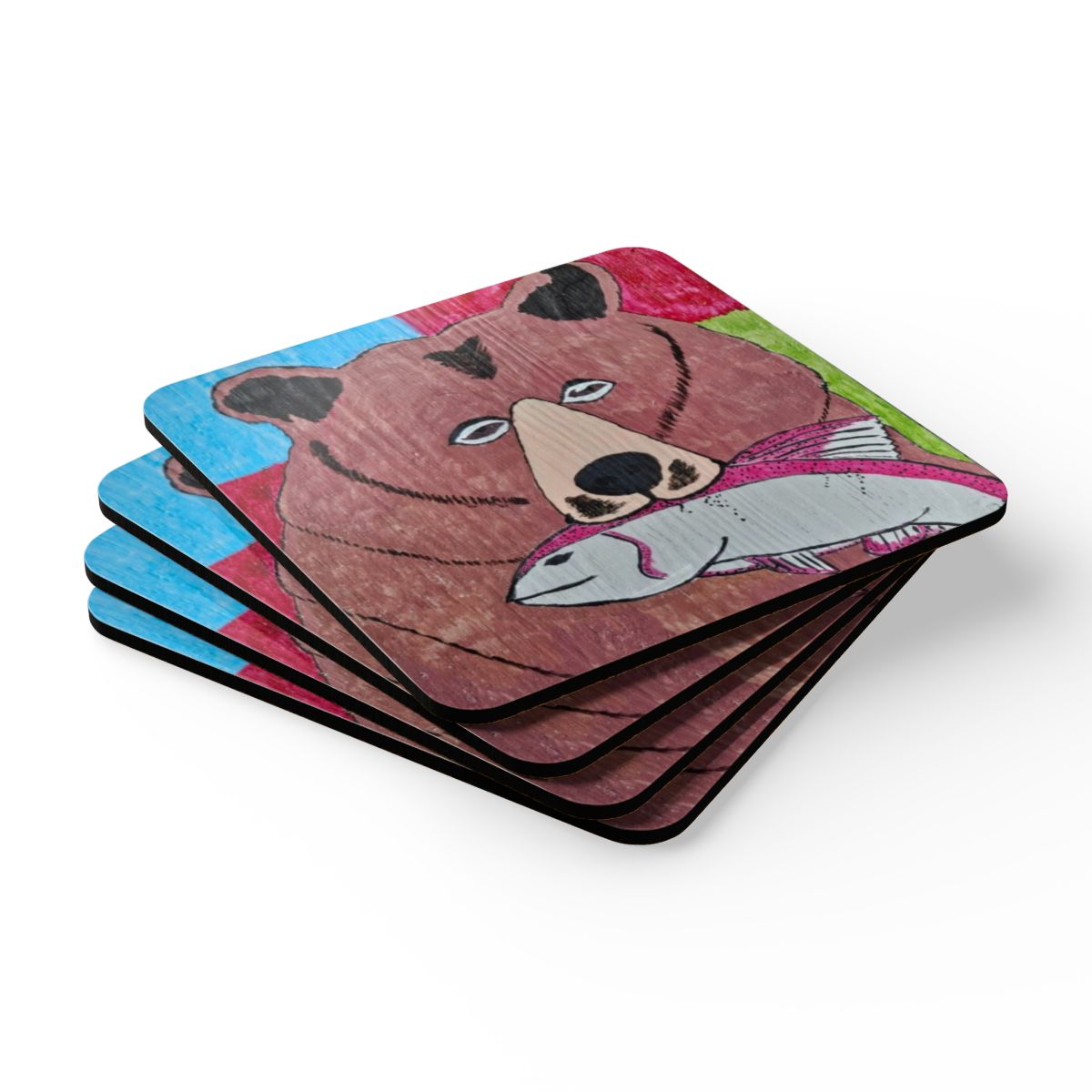 grizz with a fish whimsy grr Corkwood Coaster Set