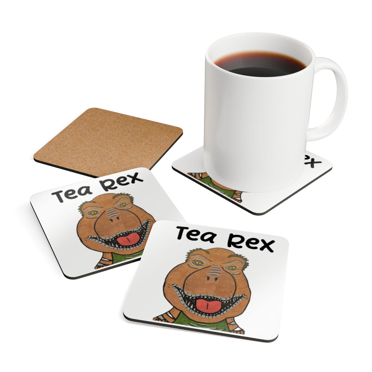 Rexalty the Tea Rex Cork Coaster Set — Funny Dinosaur Tea Mug Coasters (4-Pack)