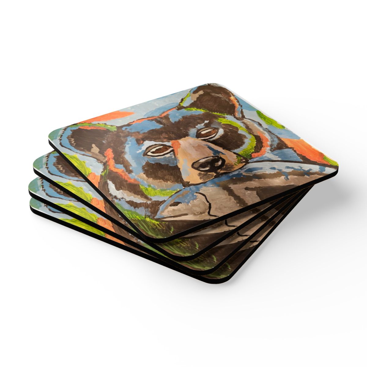 bear with a fish whimsy grr Corkwood Coaster Set