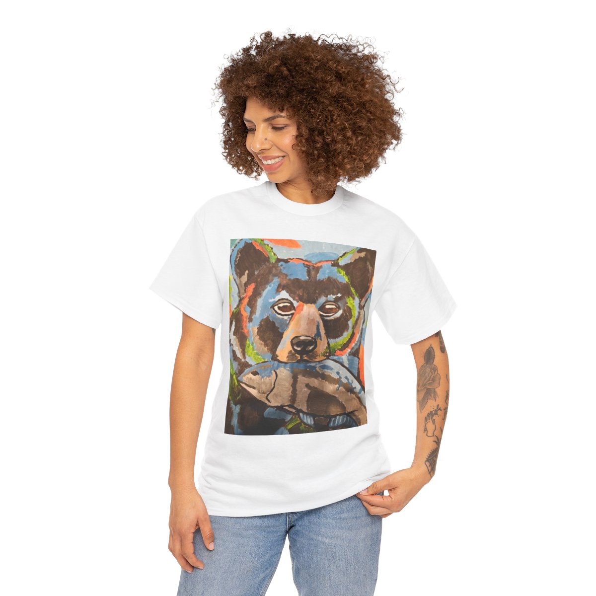Whimsy Grr | Rusty the Bear Unisex Heavy Cotton Tee — Bear with a Fish T-Shirt