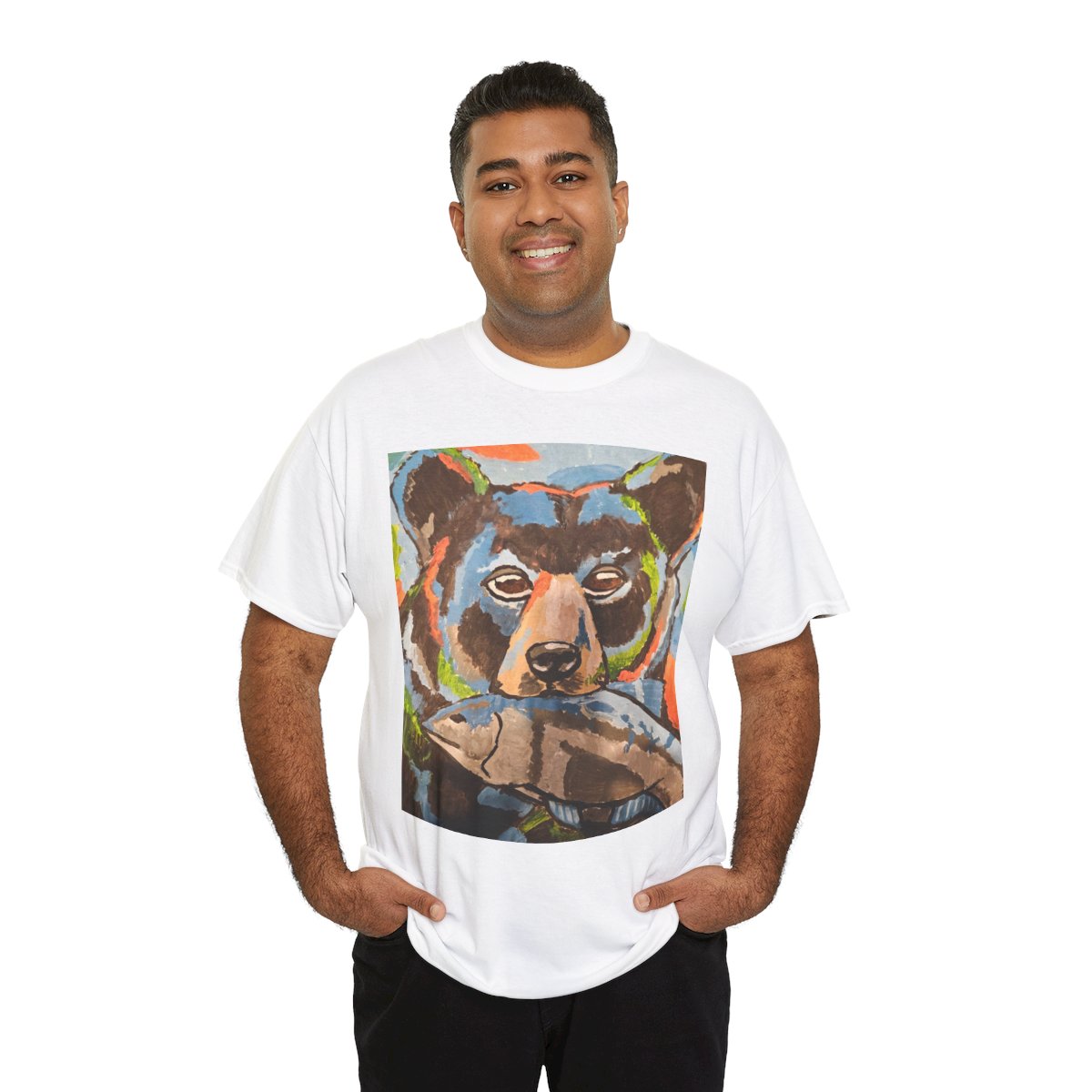 Whimsy Grr | Rusty the Bear Unisex Heavy Cotton Tee — Bear with a Fish T-Shirt