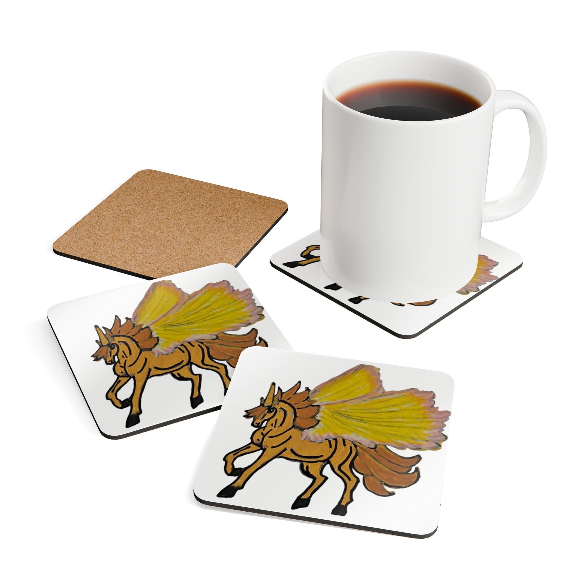 Pegasus Winged Horse Cork Coaster Set — Hand-Drawn Golden Mythical Animal Drink Coasters (4-Pack)