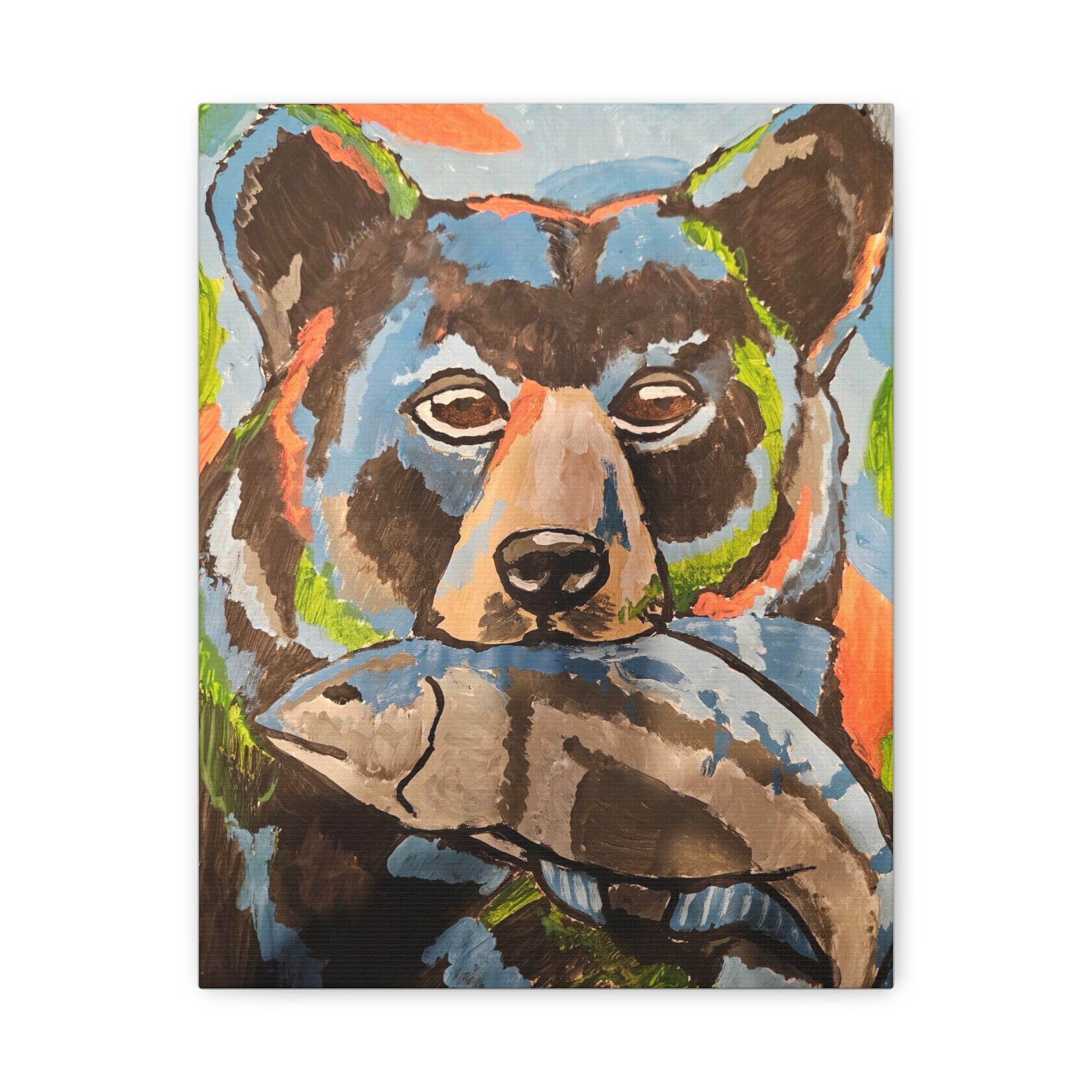 Bear with Fish Matte Canvas Art – Colorful Wildlife Painting, Stretched Wall Decor