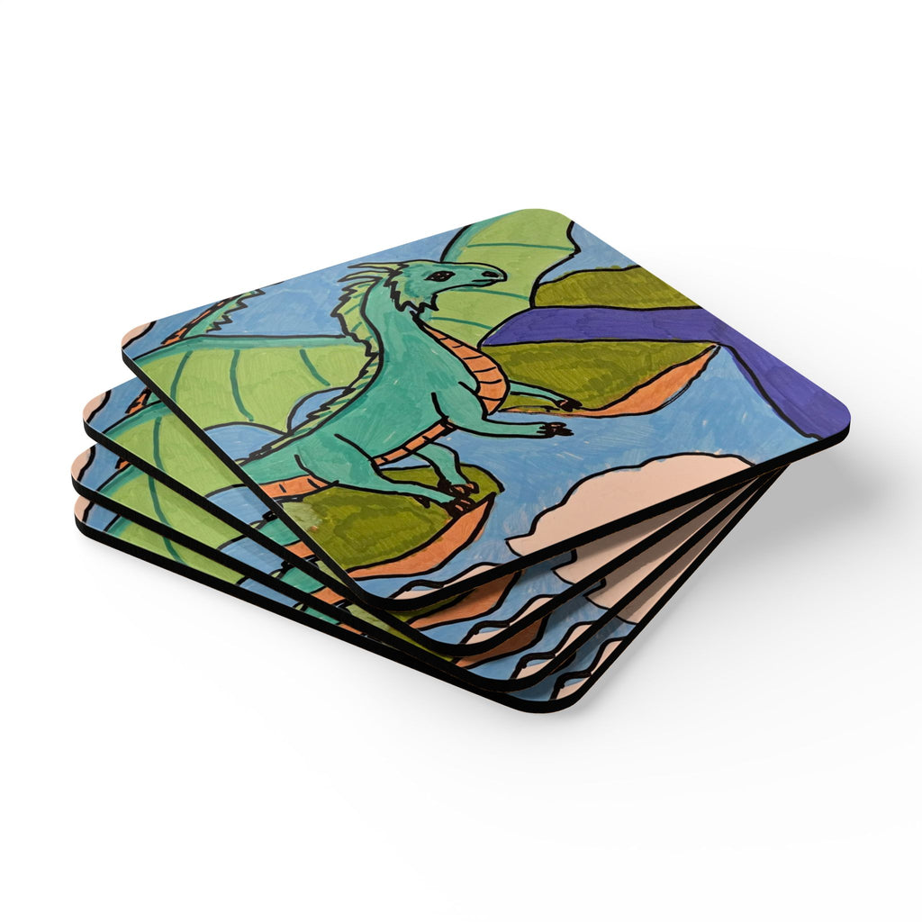 Dragon Landscape Corkwood Coaster Set — Fantasy Dragon Drink Coasters (Set of 4)