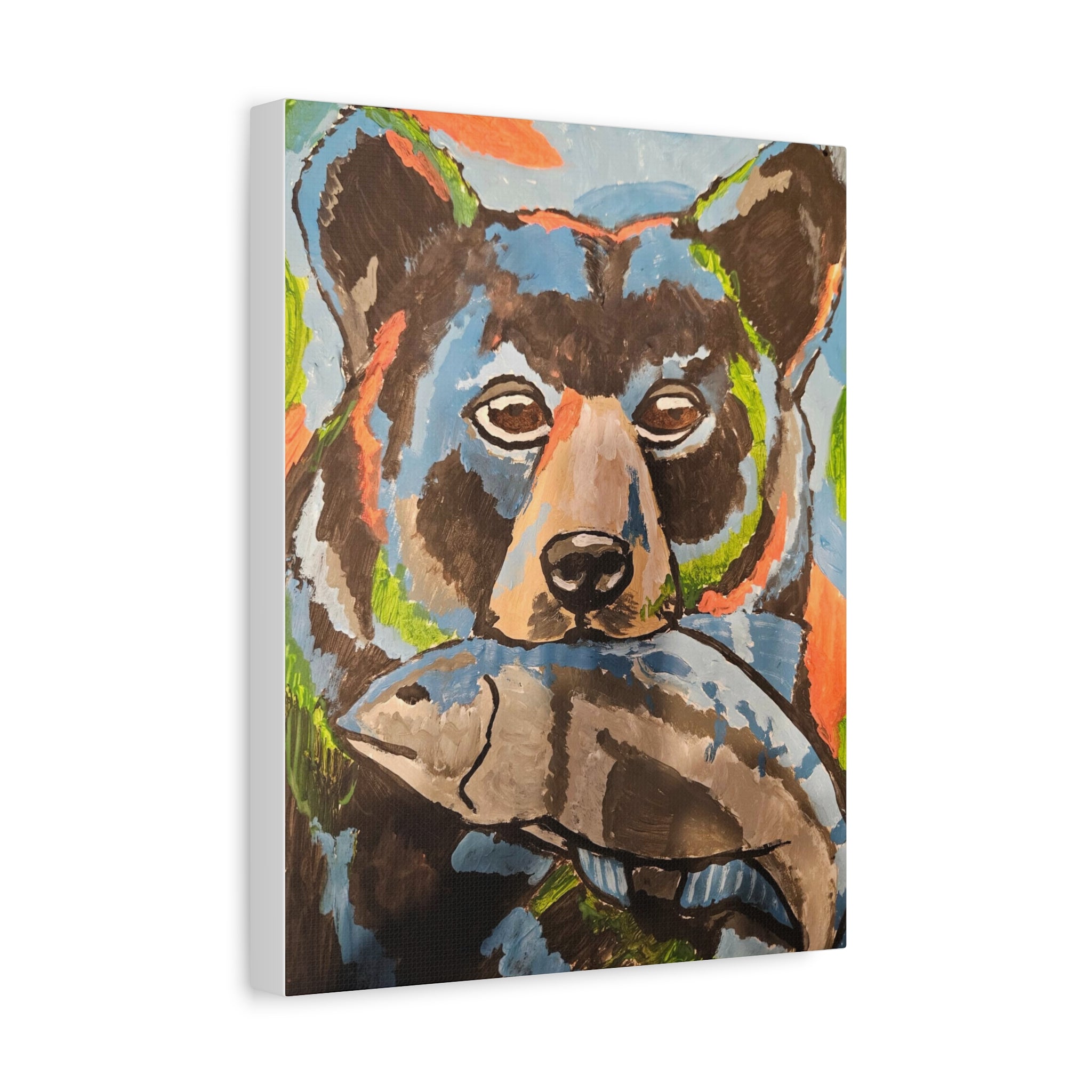 Bear with Fish Matte Canvas Art – Colorful Wildlife Painting, Stretched Wall Decor
