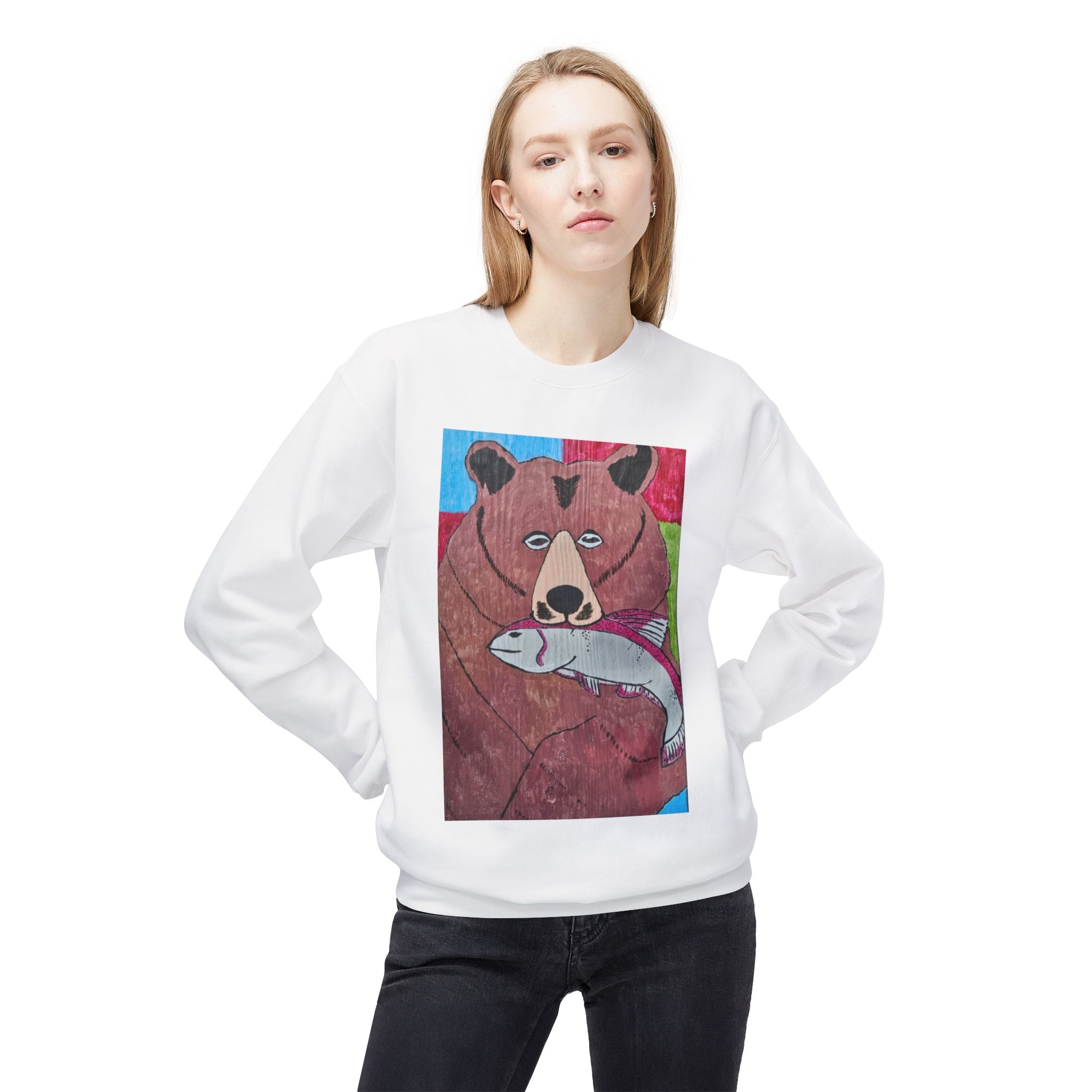 Whimsy Grr | Griffish the Grizz Crewneck Sweatshirt — Grizz with a Fish Wildlife Art Pullover