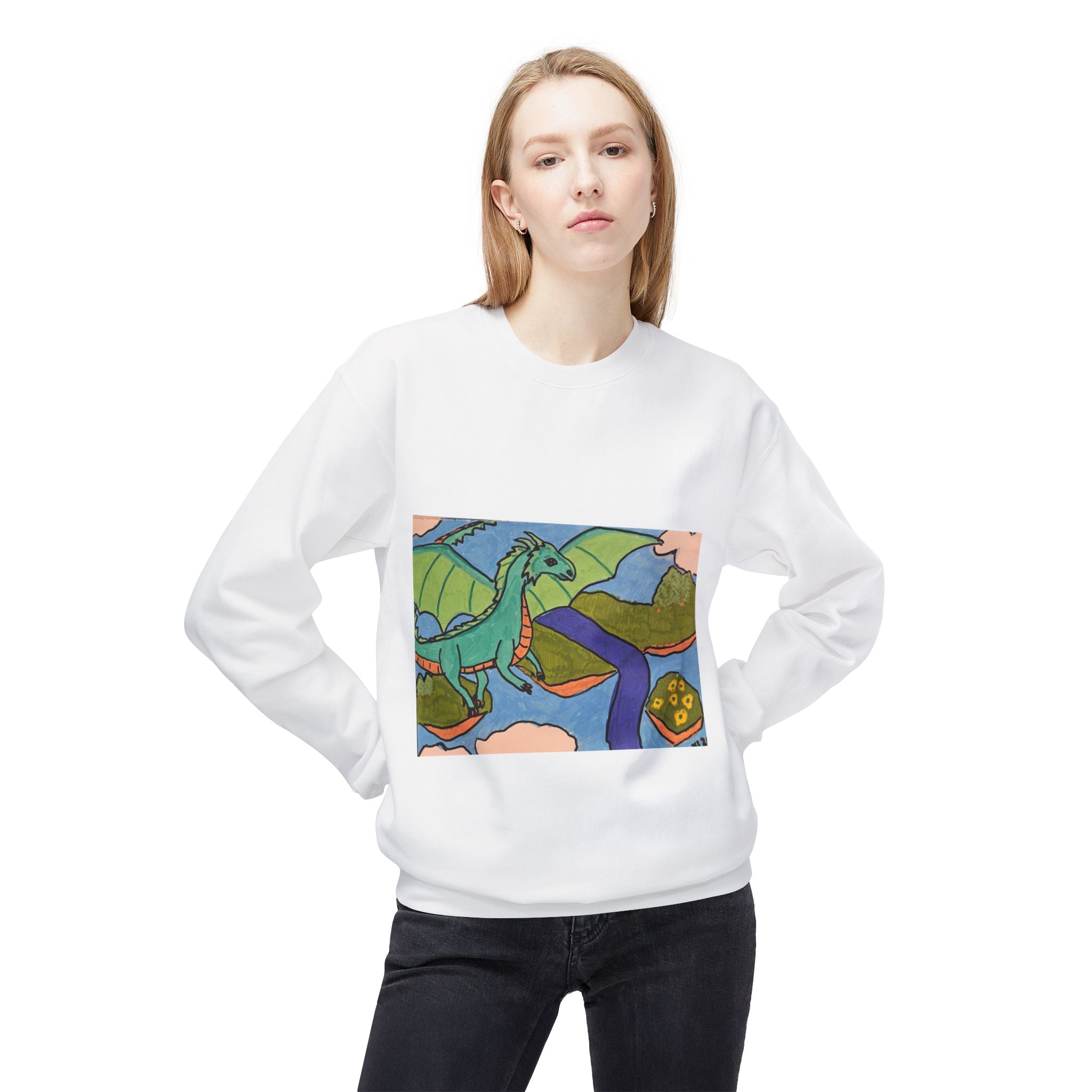 Dragon Landscape Crewneck Sweatshirt — Colorful Fantasy Art Pullover