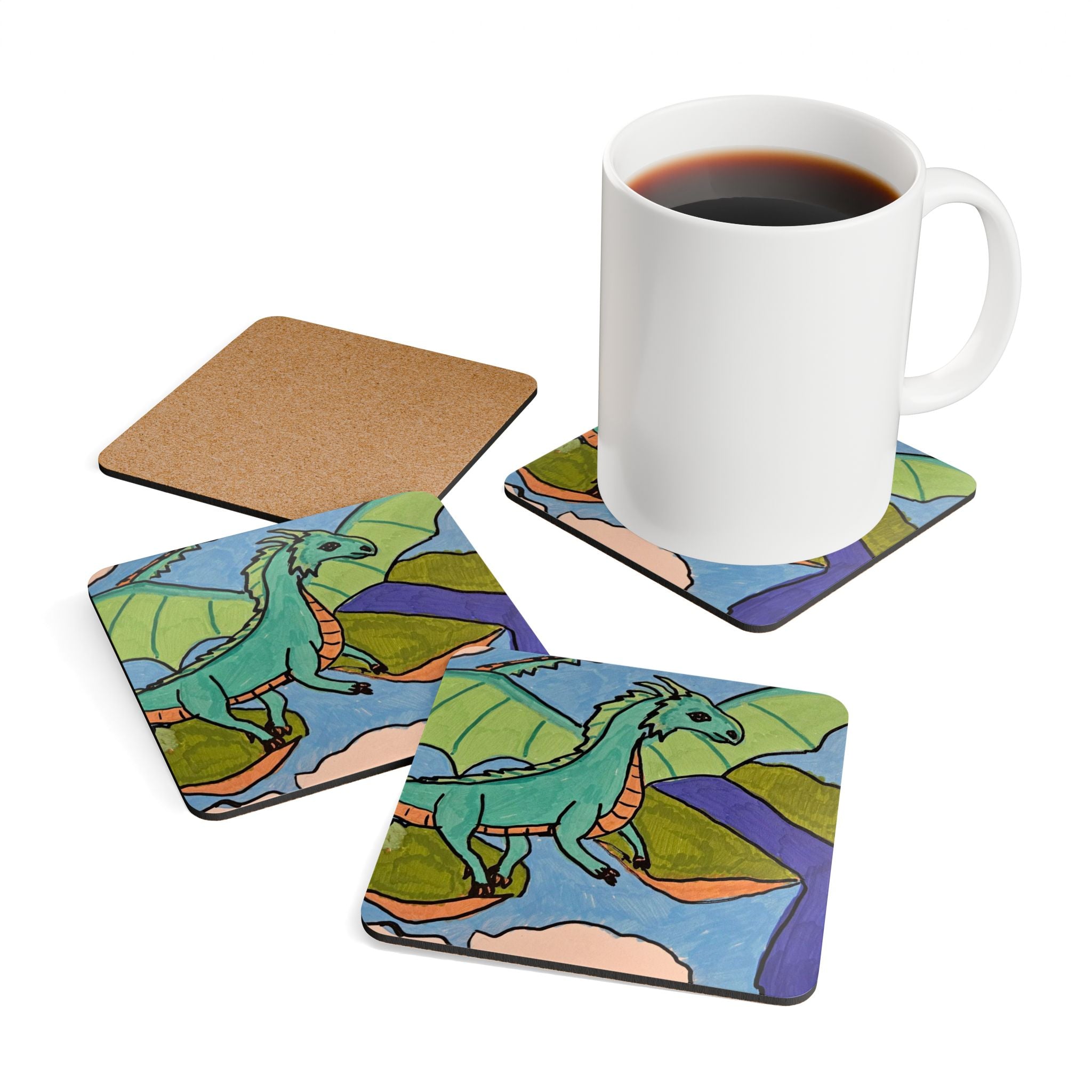 Dragon Landscape Corkwood Coaster Set — Fantasy Dragon Drink Coasters (Set of 4)