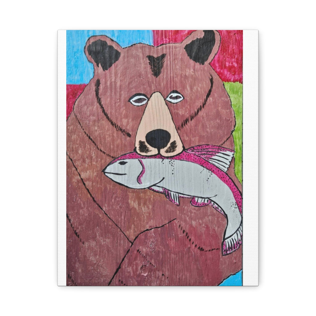 Grizz With Fish Matte Canvas Art — Wildlife Bear Painting, Stretched Wall Decor