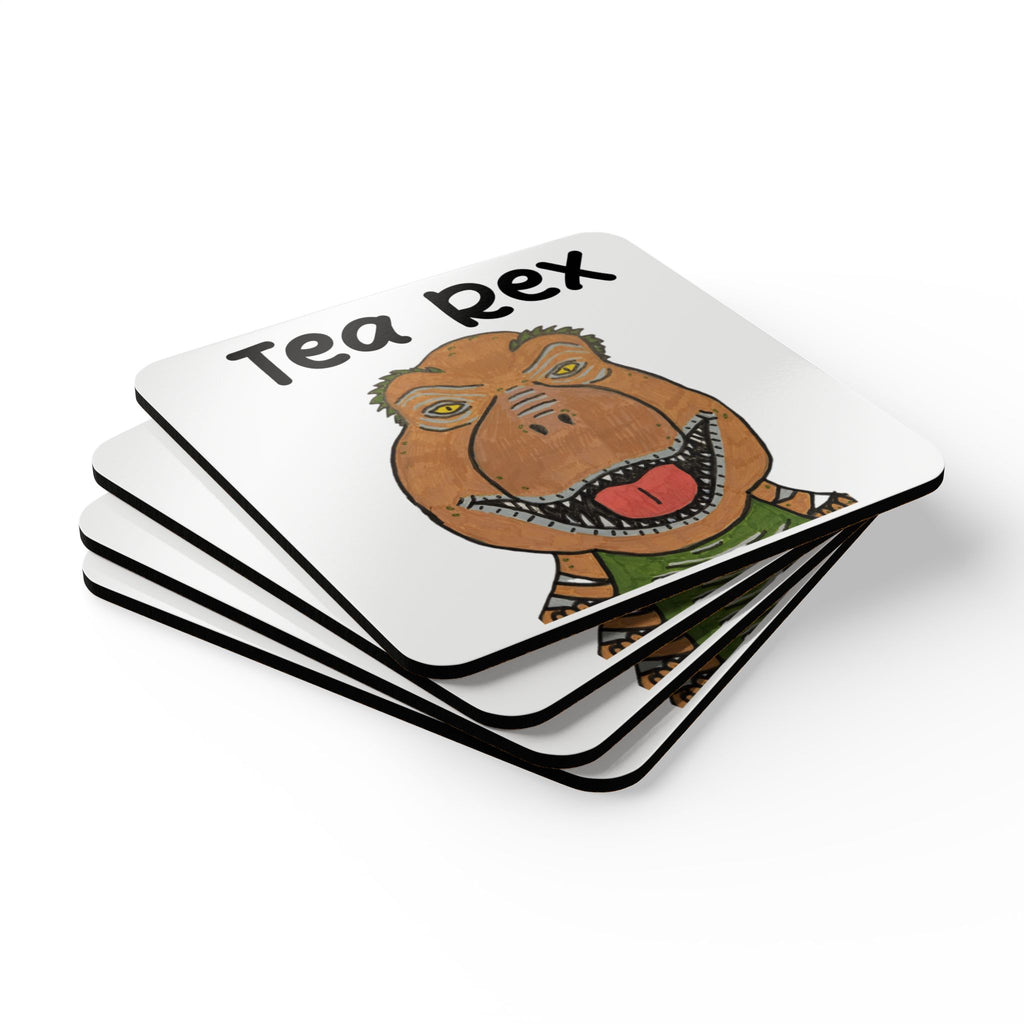 Dino Roar Tea Rex Cork Coaster Set — Funny Dinosaur Tea Mug Coasters (4-Pack)