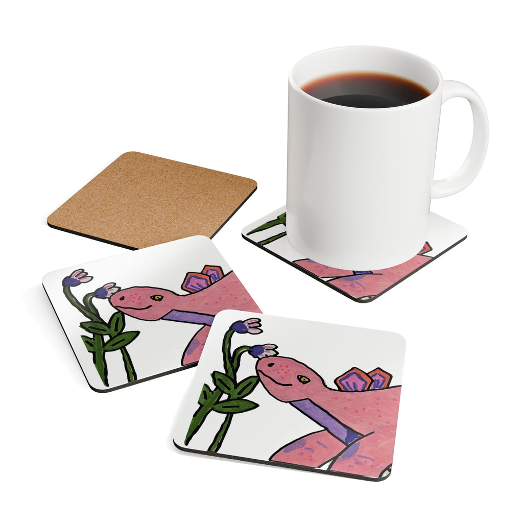 Pink Stegosaurus Cork Coaster Set — Cute Dinosaur Drink Coasters (Set of 4)