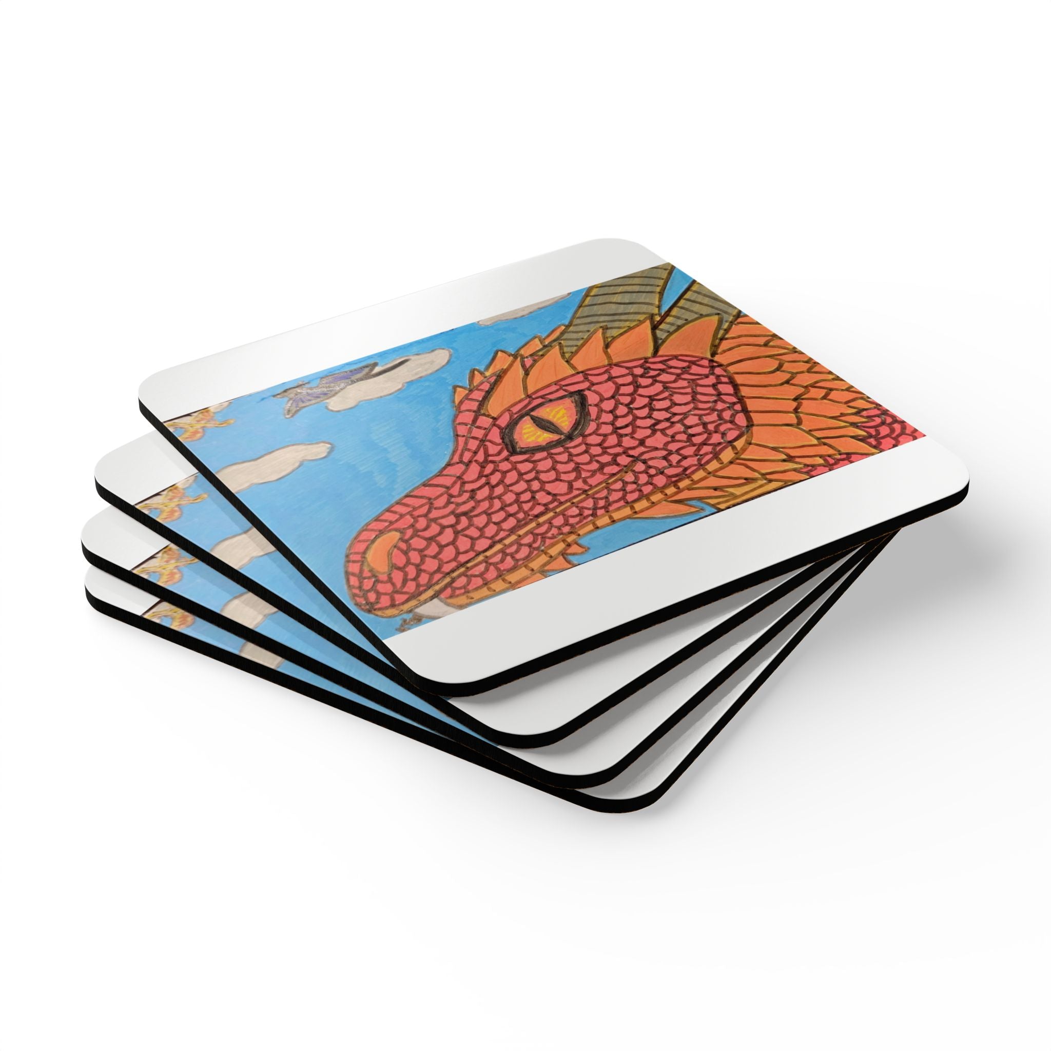 Dragon Sky Cork Coaster Set — Colorful Red Dragon Illustration Drink Coasters