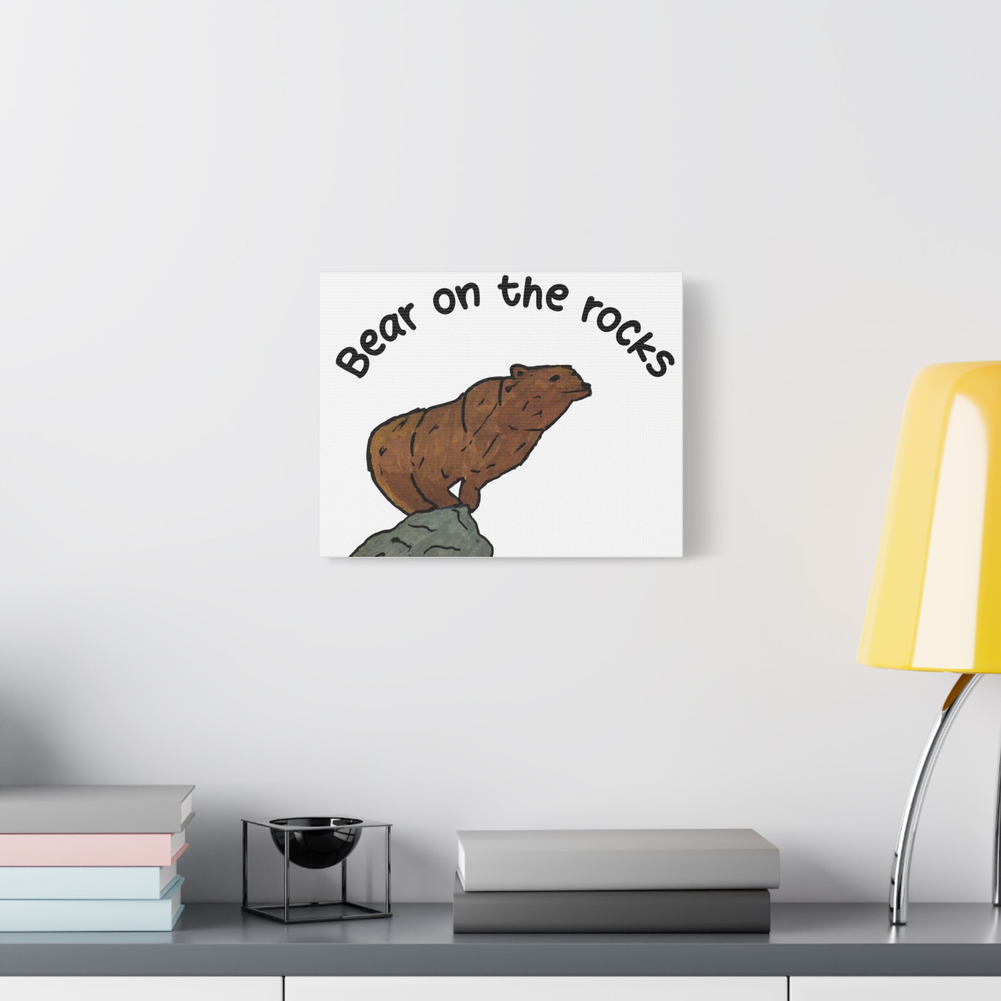 Bear on the Rocks Canvas Wall Art — Whimsical Brown Bear Illustration