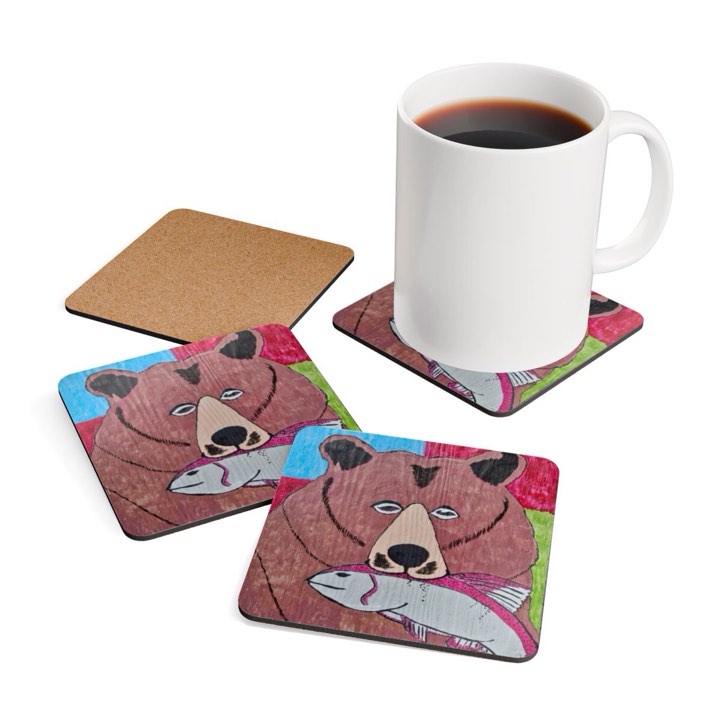 Whimsy Grr | Griffish the Grizz Corkwood Coaster Set — Grizz with a Fish Drink Coasters