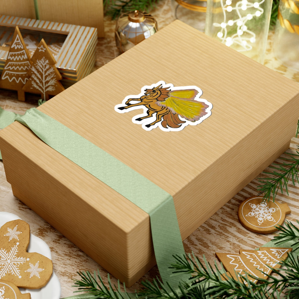 Golden Pegasus Sticker — Hand-Drawn Winged Horse Kiss-Cut Decal