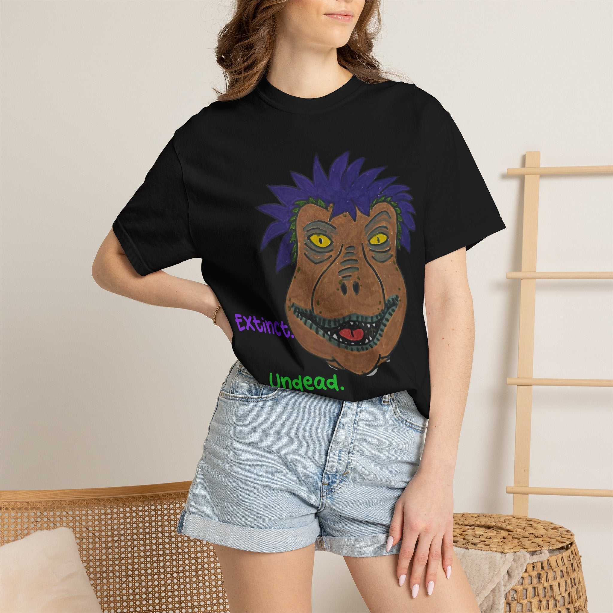 Rexalty Extinct undead caffeinated Graphic T-Shirt — Quirky Hand-Drawn Dinosaur Portrait
