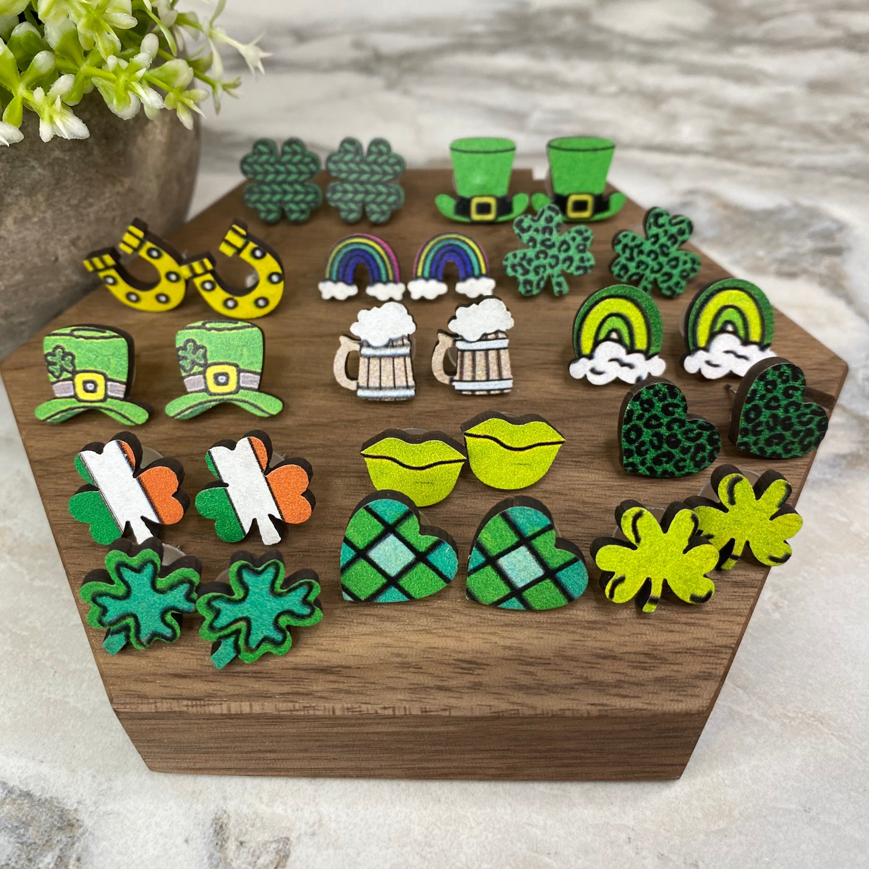 Wooden Stud Earrings - St. Patrick’s Day - Lucky Green Mix