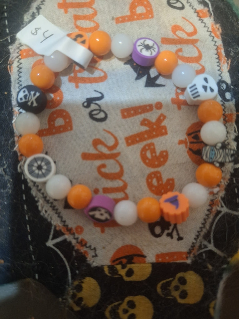 Orange & White Skull Halloween Bracelet — Handmade by Logan | 8 Inch