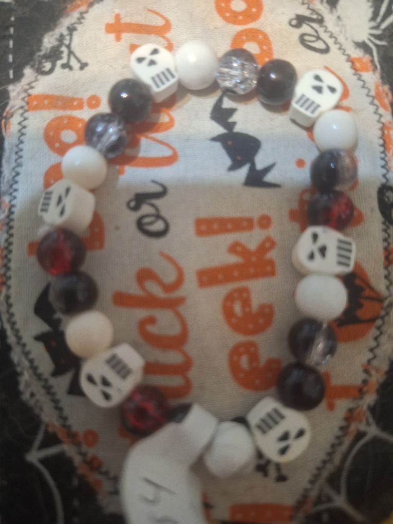 Black, White & Red Skull Halloween Bracelet — Handmade by Logan | 8 Inch