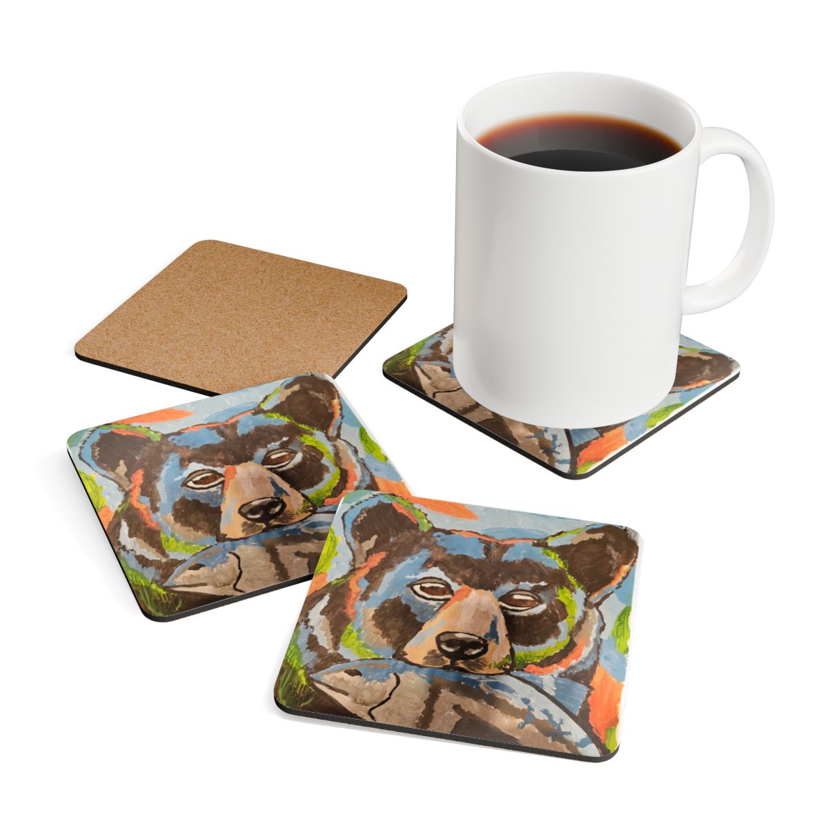 Whimsy Grr | Rusty the Bear Corkwood Coaster Set — Bear with a Fish Drink Coasters