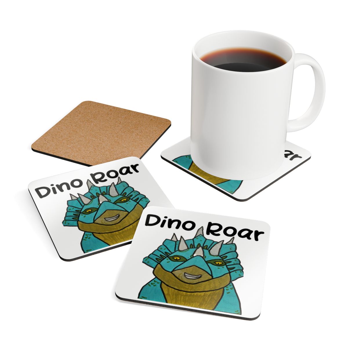 Dino Roar | Cera the Triceratops Cork Coaster Set — Cute Dinosaur Drink Coasters (4-Pack)