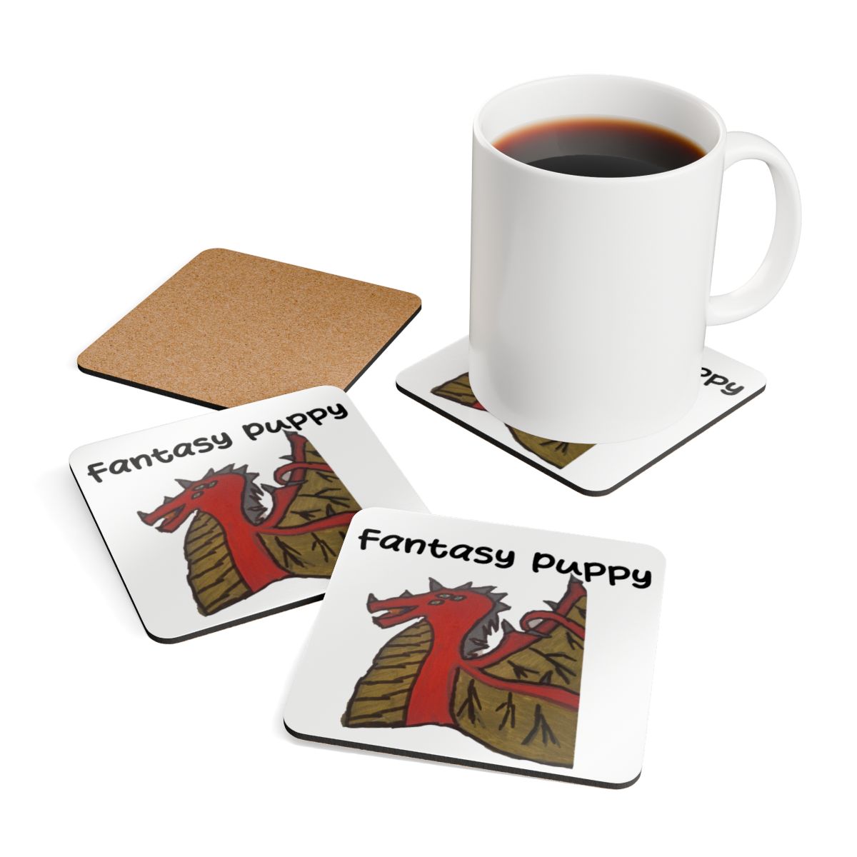 Fantasy Puppy Dragon Cork Coaster Set — Cute Fantasy Pet Drink Coasters